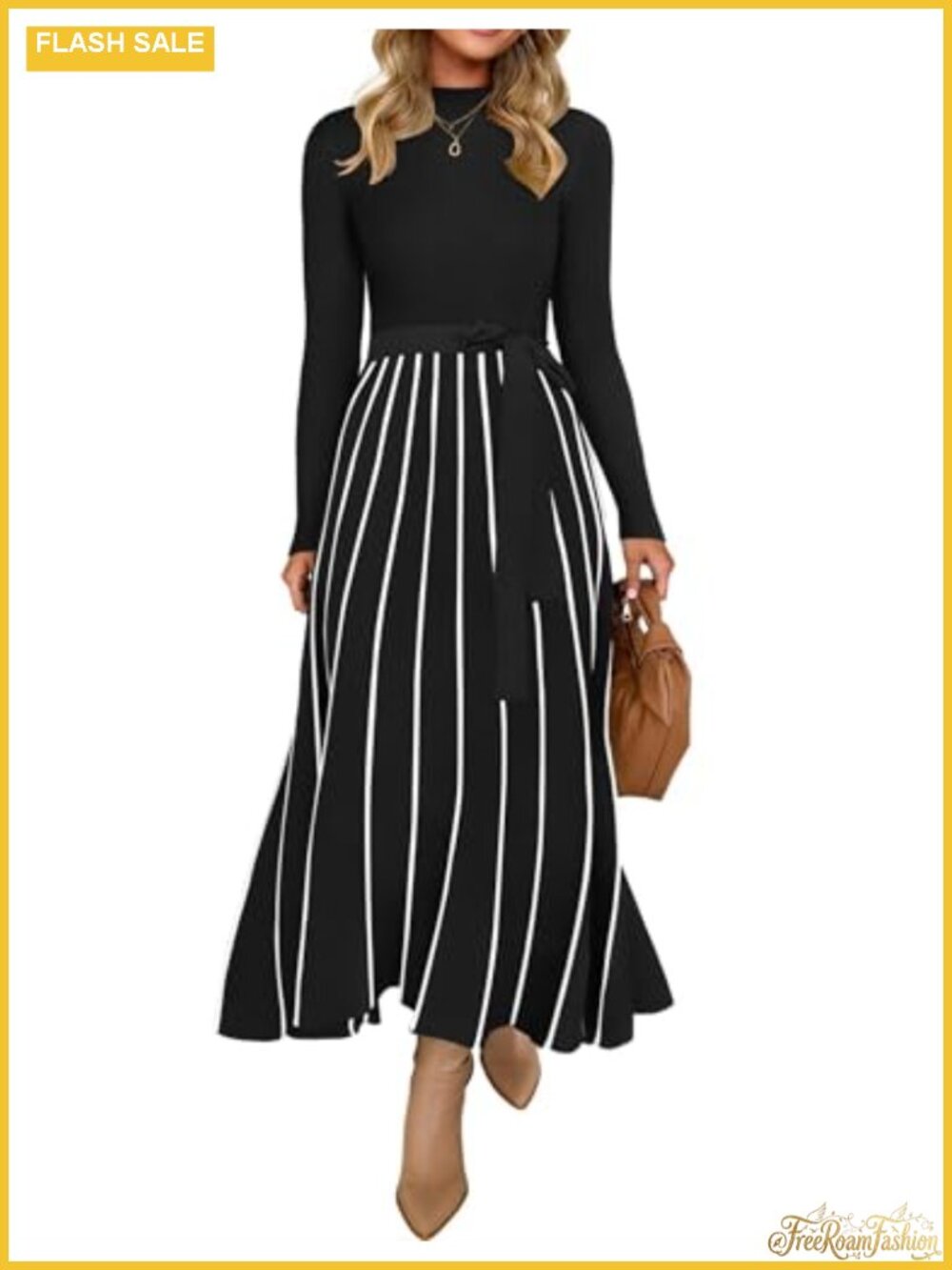Ribbed Knit Maxi Sweater Dress Long Sleeve Turtleneck A-Line Belted